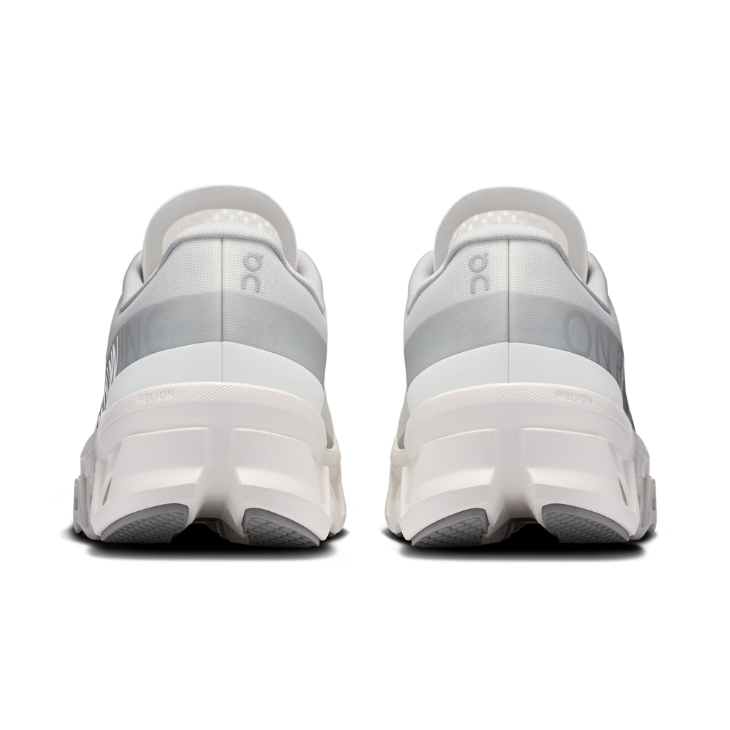 Men's white running shoes, back view with heel tab and cushioned heel