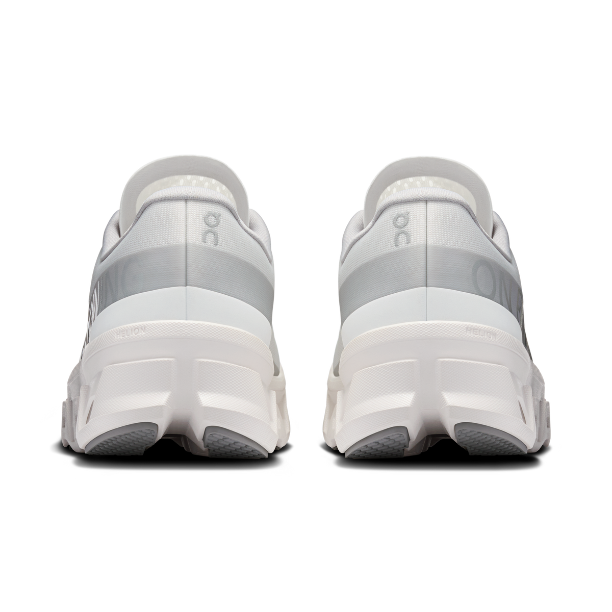 Men's white running shoes, back view with heel tab and cushioned heel