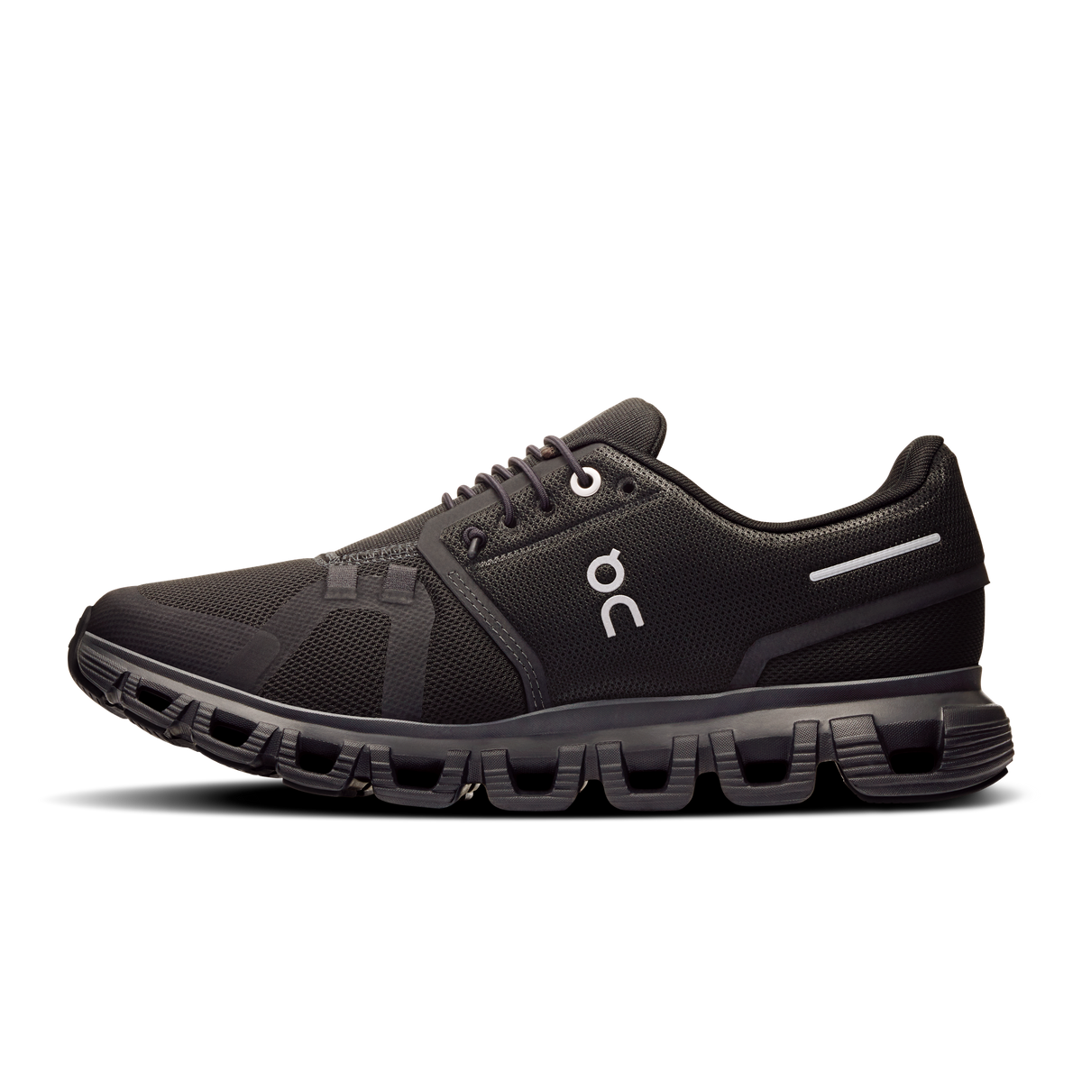 Women’s black running shoe with lace-up closure, On logo, and padded collar
