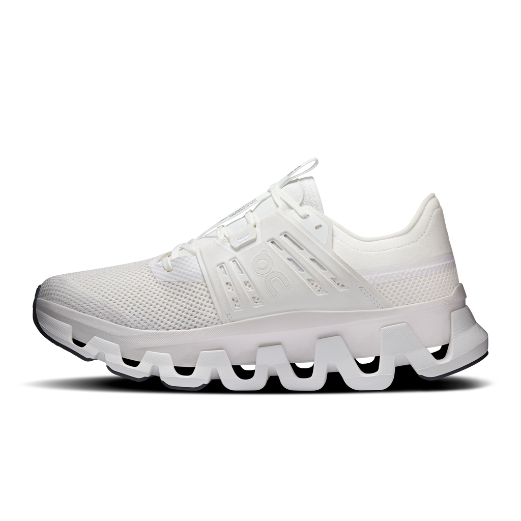 Men's white lace-up running shoes with textured mesh upper and molded CloudTec pods