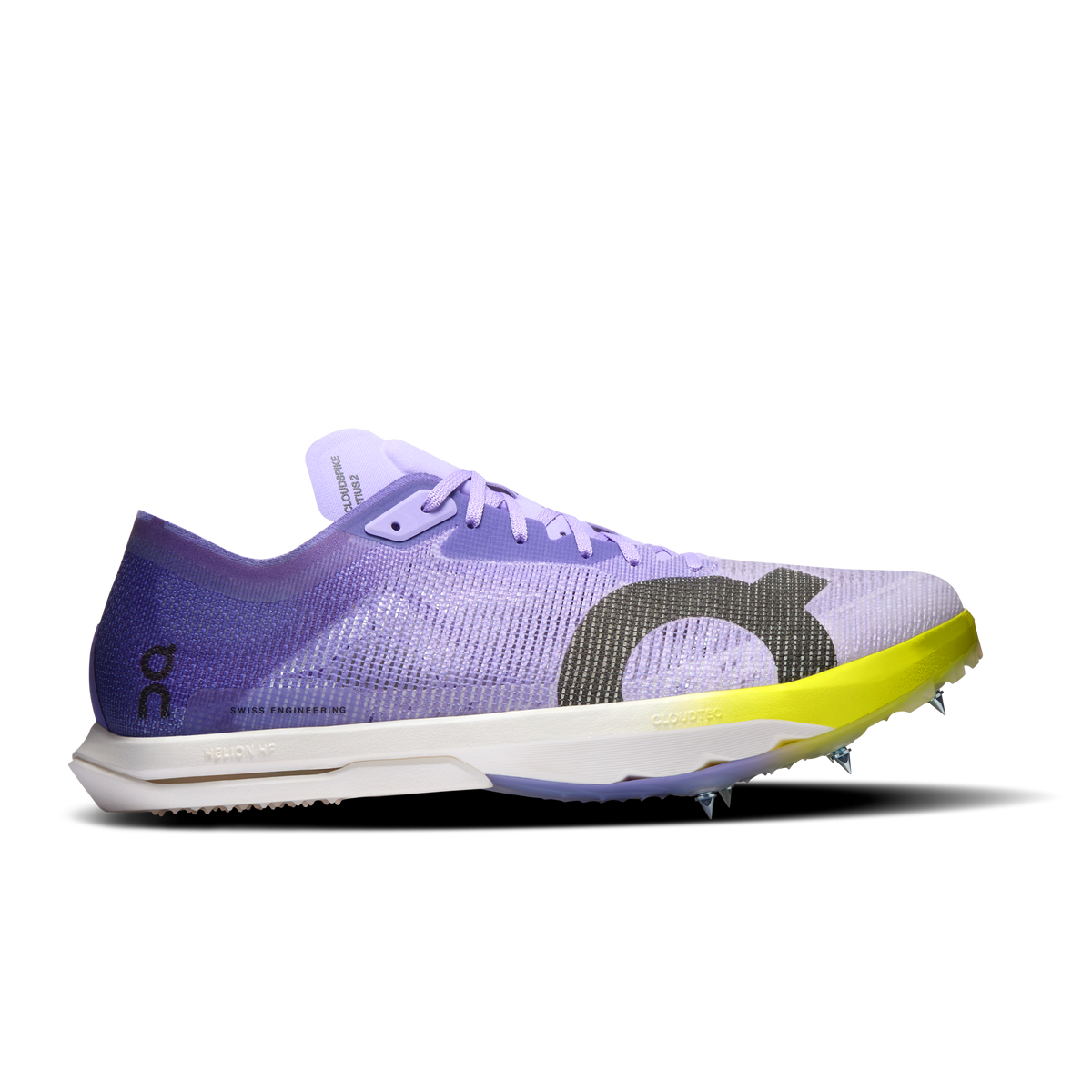 Men's running shoes with purple knit upper, lime yellow sole, lace-up design