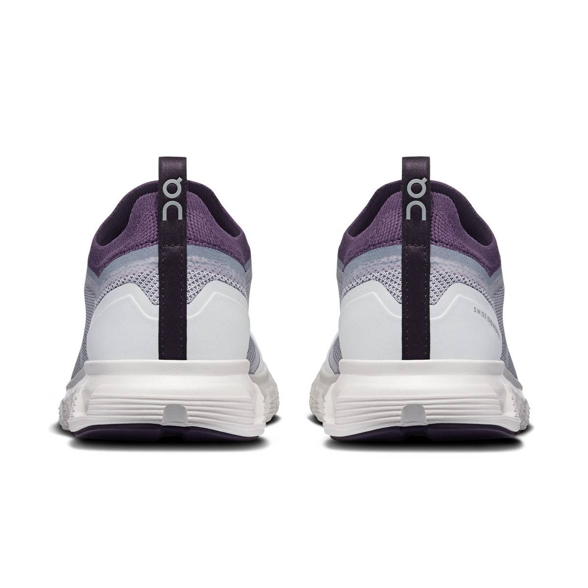 Back view of ivory and dark purple lace-up running shoes with heel pull tab