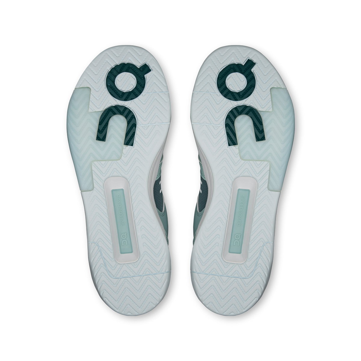 Pair of men's shoe outsoles in light blue with teal On logo details