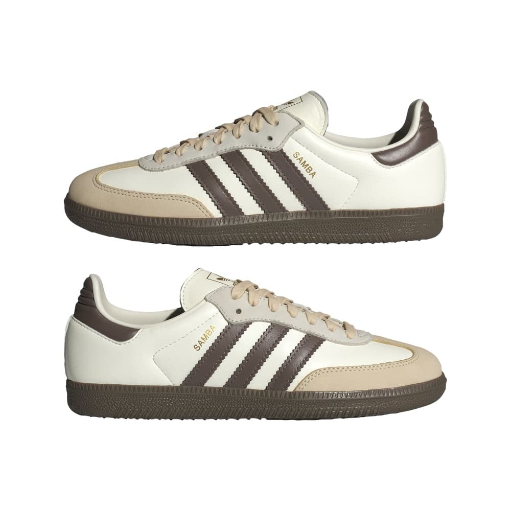 Adidas Samba OG low-top sneakers, off-white, dark stripes, gum sole, pair shown