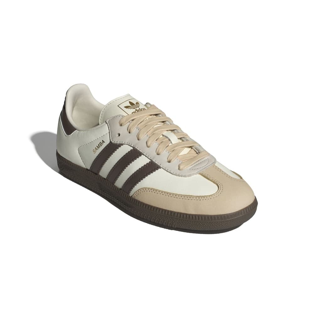 Adidas Samba OG low-top sneakers, off-white and tan panels, dark stripes, lace-up
