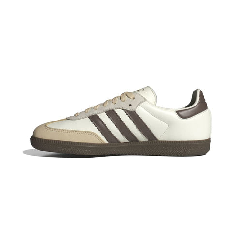 Adidas Samba OG low-top sneakers, off-white upper, brown heel, dark stripes, gum sole