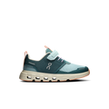 Kids' On Cloud Play 2 running shoe, teal upper with light sole and orange accents