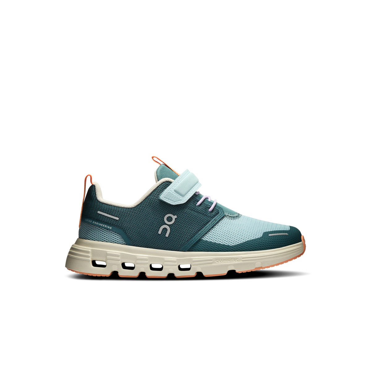 Kids' On Cloud Play 2 running shoe, teal upper with light sole and orange accents