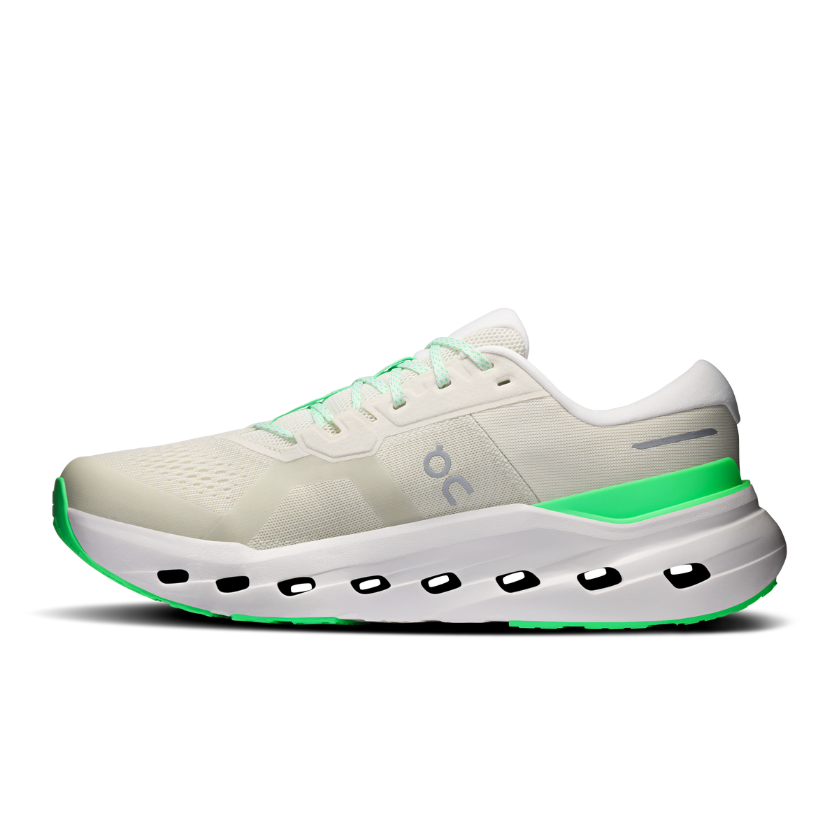 Men's running shoes, front three-quarter: white upper with mint green side stripe.