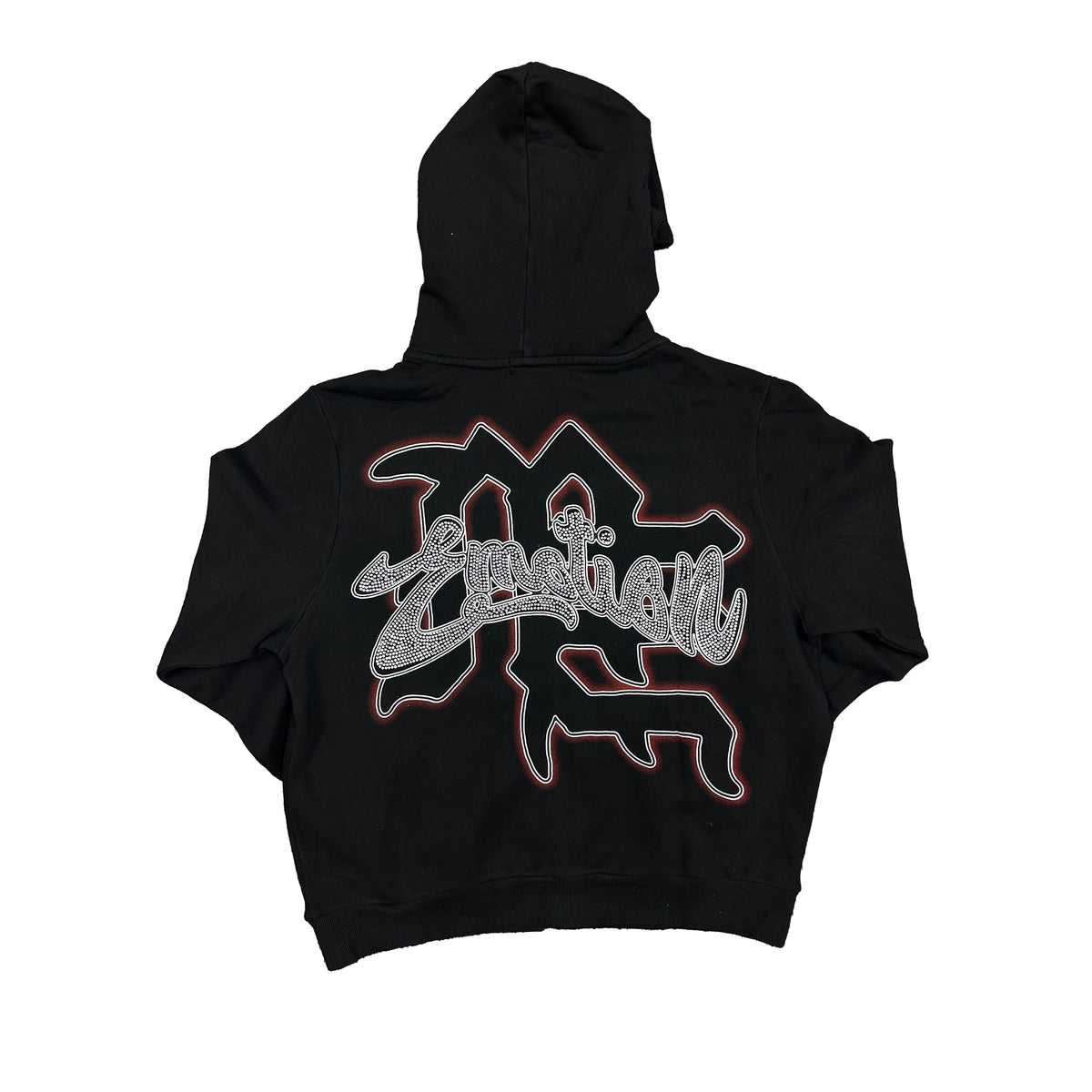 Black men's rhinestone zip-up hoodie with large back graphic, hood and drawstrings