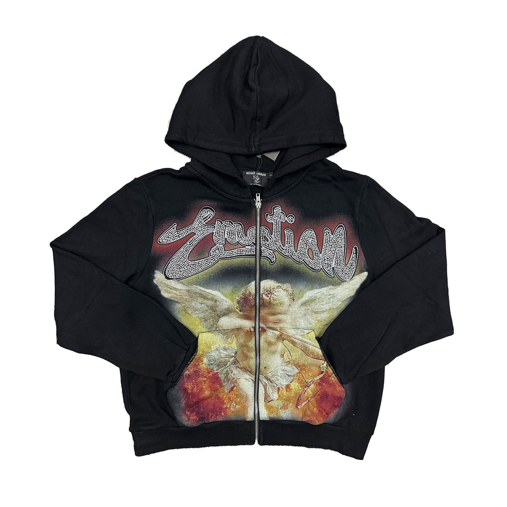 Black men's rhinestone zip-up hoodie with front star graphic, hood and drawstrings