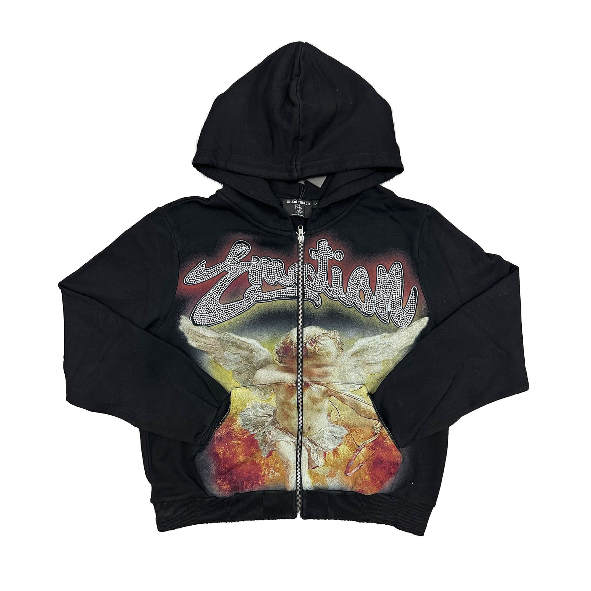 Black men's rhinestone zip-up hoodie with front star graphic, hood and drawstrings