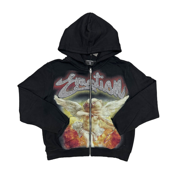 Black men's rhinestone zip-up hoodie with front star graphic, hood and drawstrings