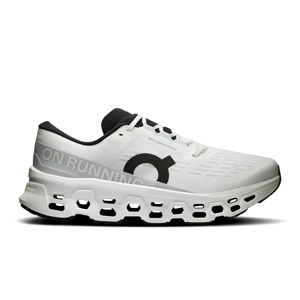 On Cloudmonster 3 running shoes for men, white with black heel collar