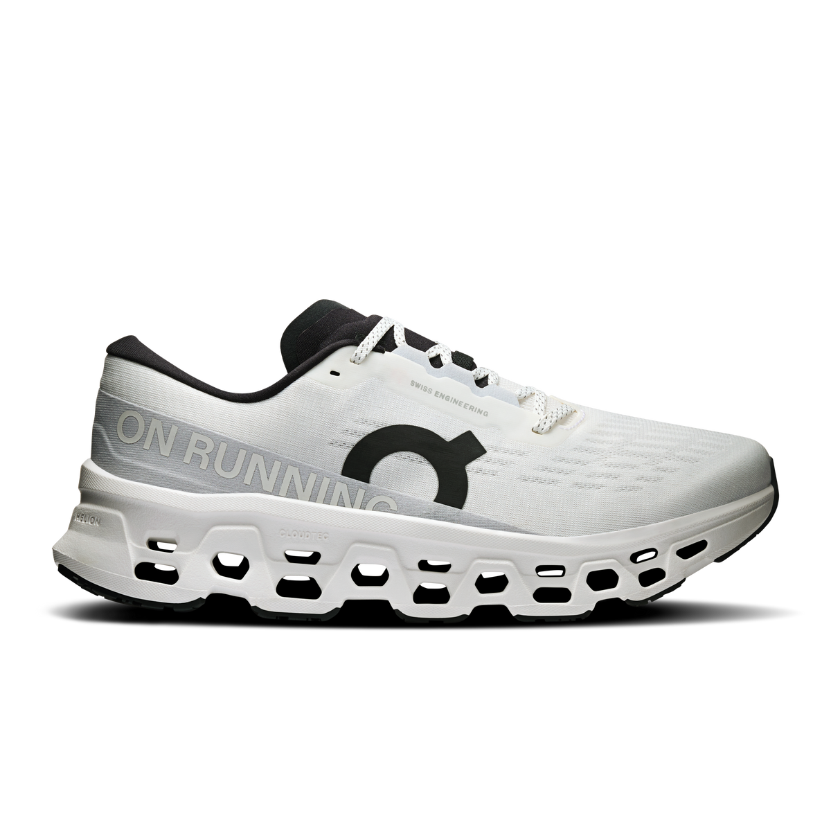On Cloudmonster 3 running shoes for men, white with black heel collar