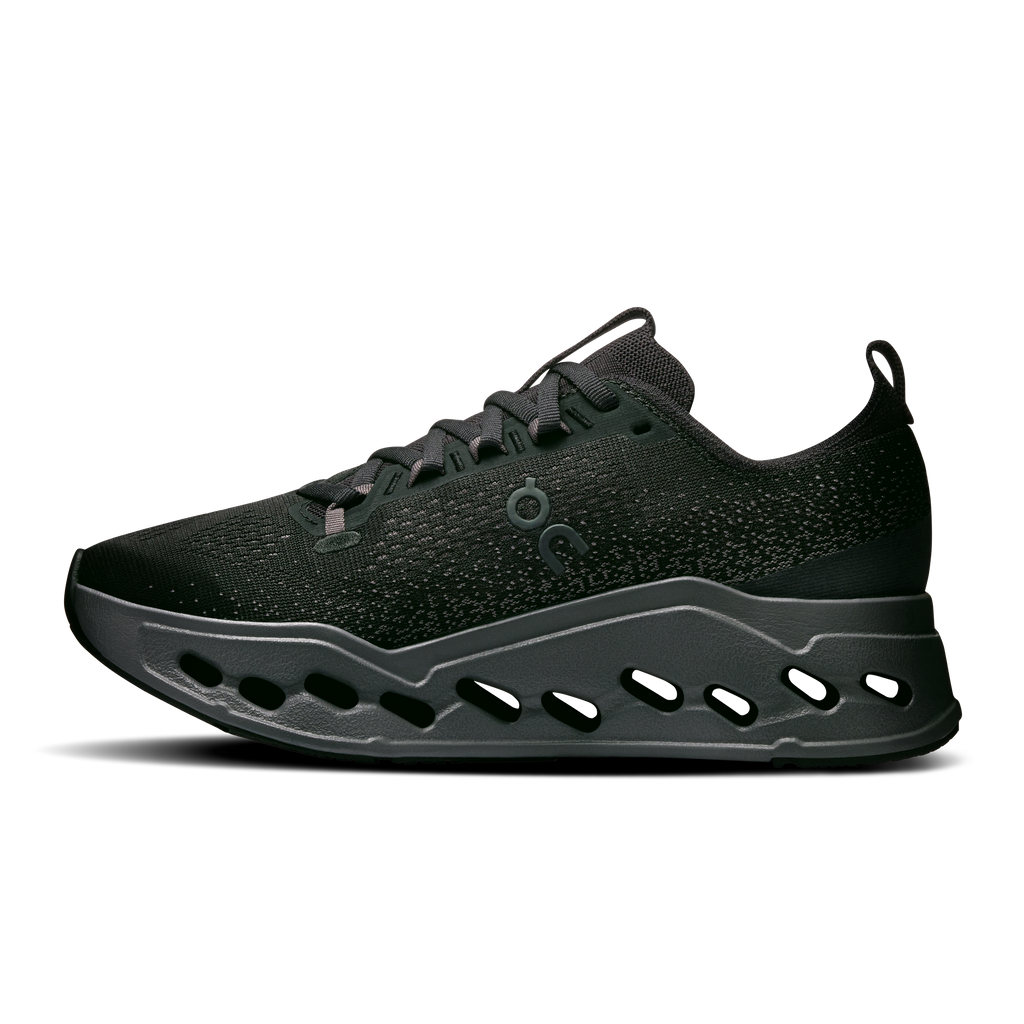 On Running women's wide running shoes in dark green, side view with CloudTec pods