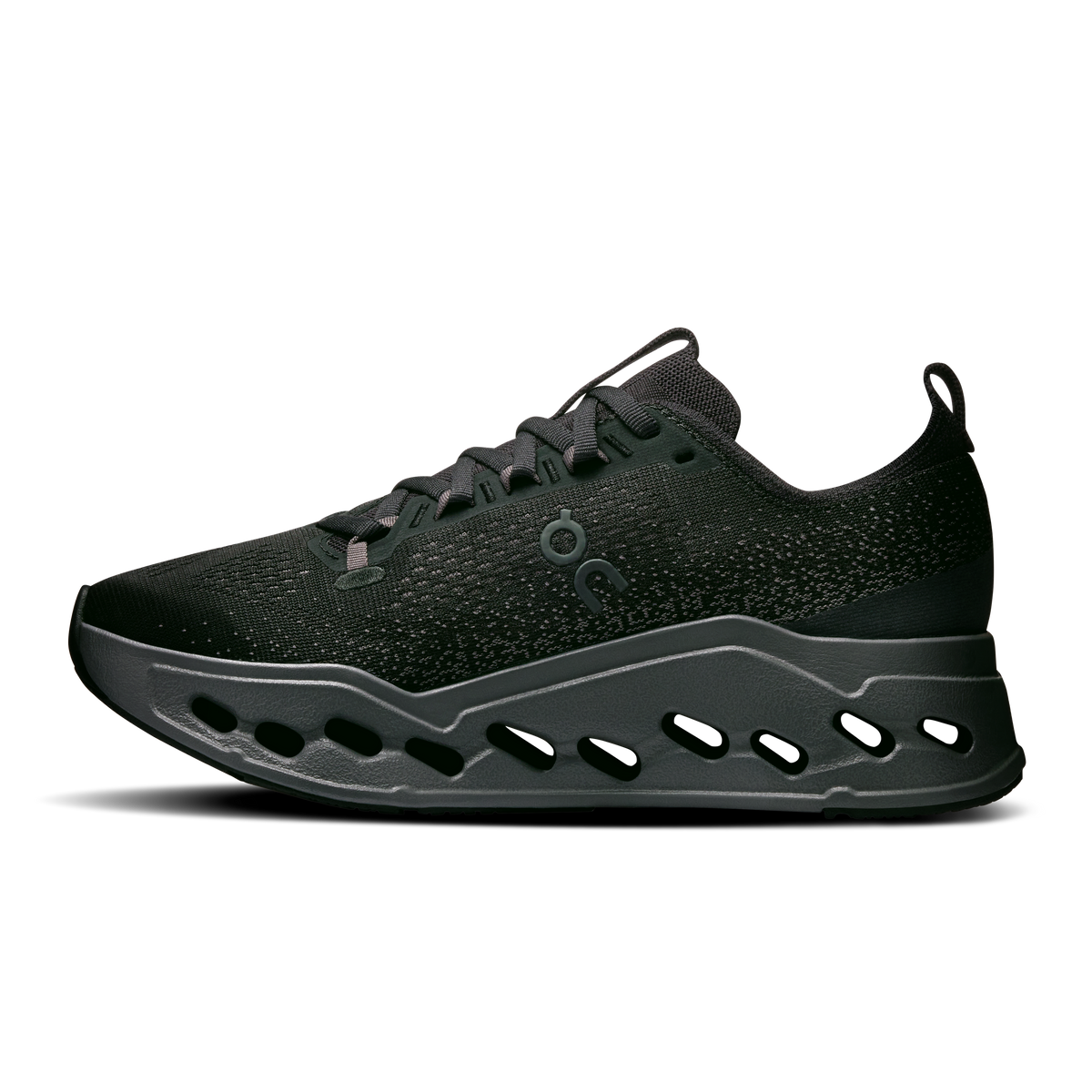On Running women's wide running shoes in dark green, side view with CloudTec pods