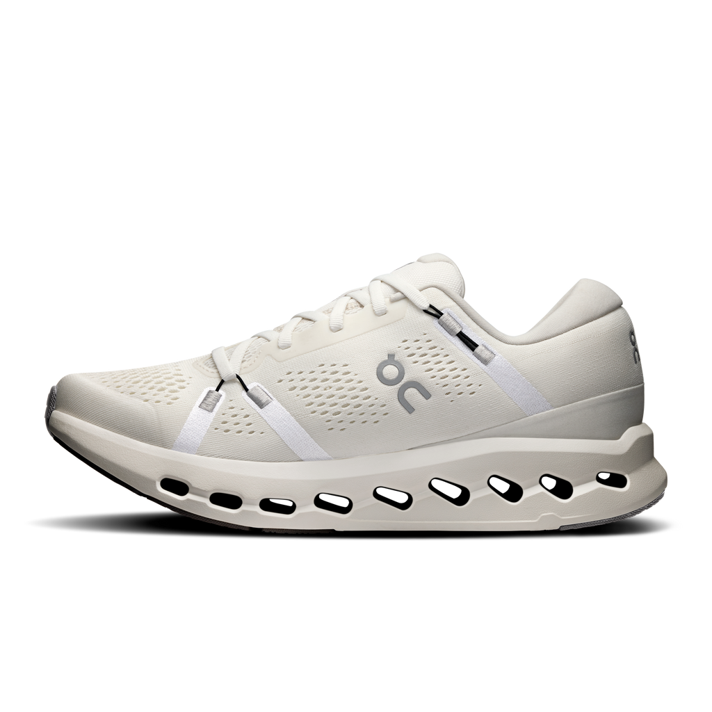 Men's ivory running shoes with side stripe, lace-up closure, and cushioned sole pods