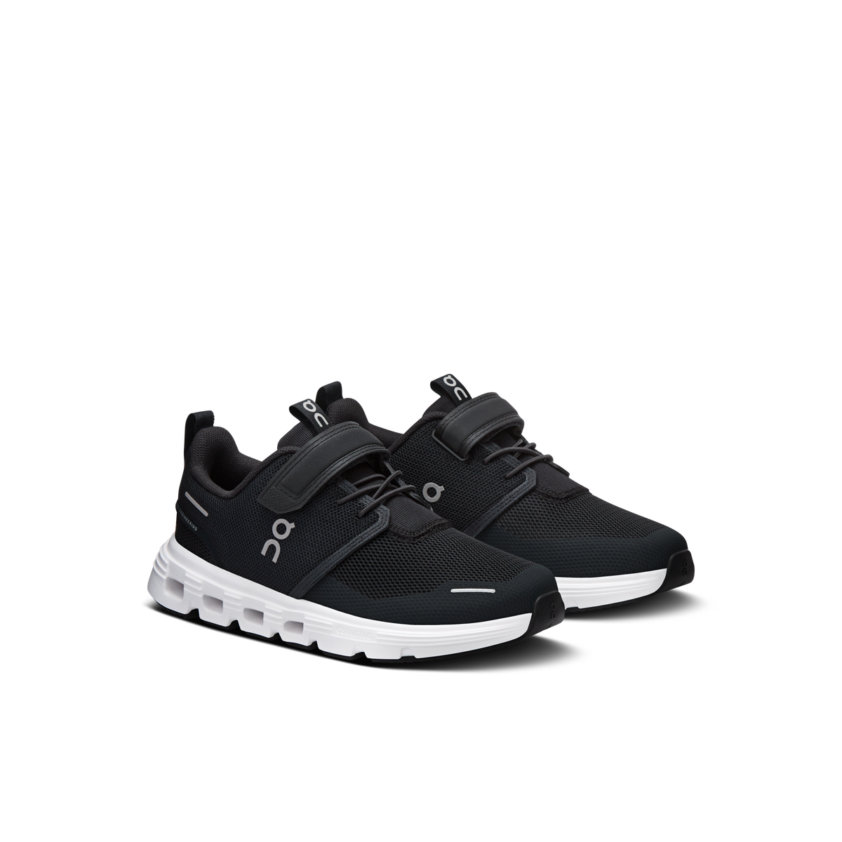 On Kids' Cloud Play 2 sneakers, black with white sole, lace-up front view
