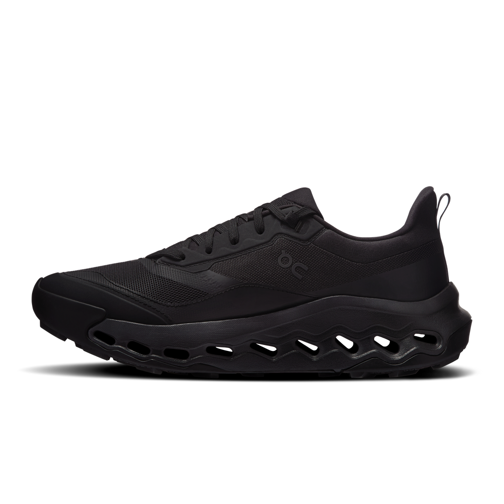 Men's black running shoes with lace-up mesh upper and rocker-style sole