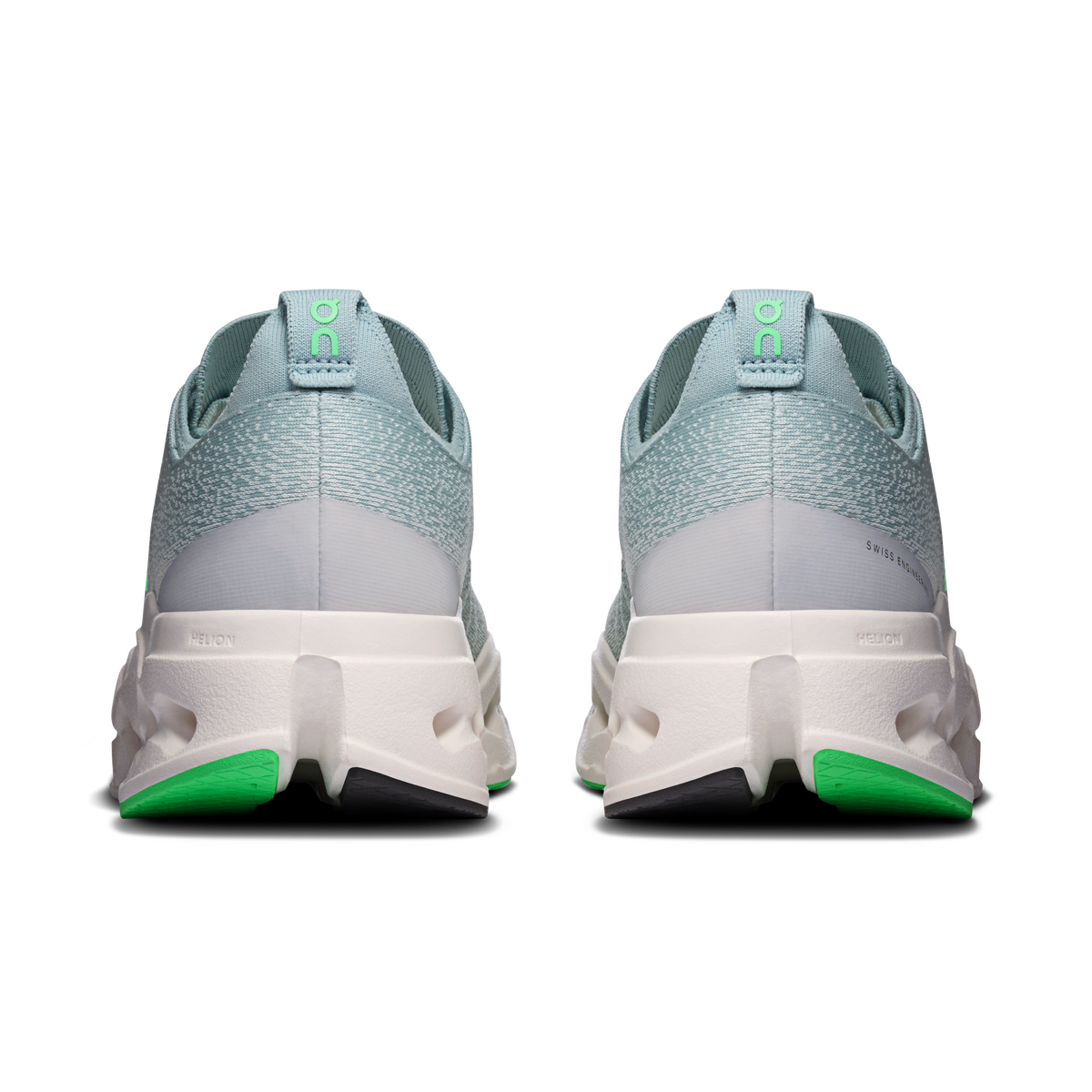 Men's running shoes, heel view: light blue upper, green pull tab, white sole