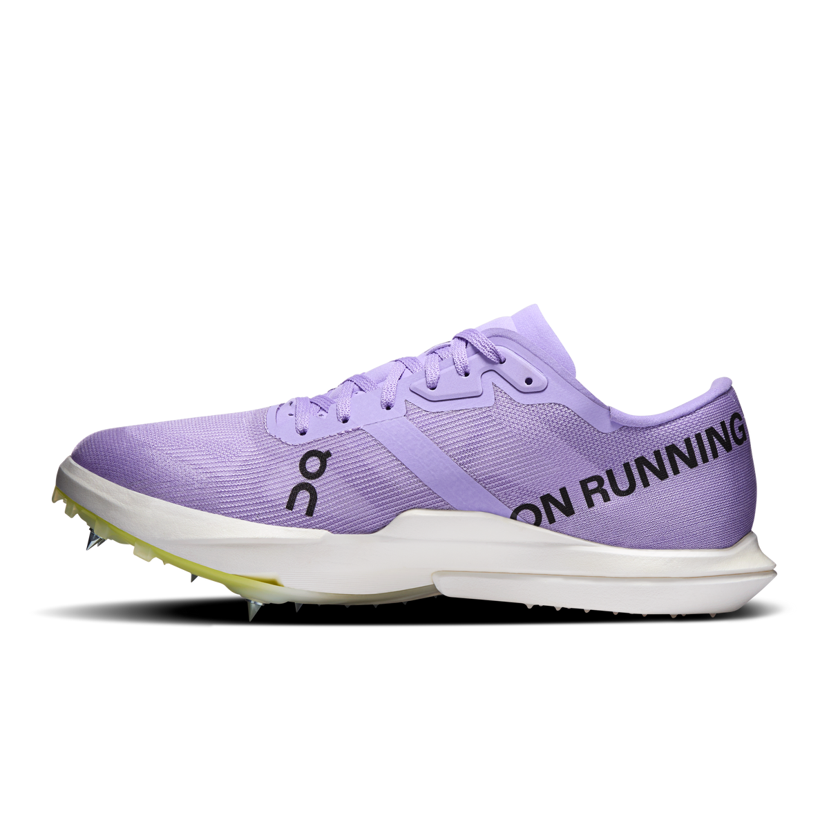 On Cloudspike Amplius 2 running shoes, purple mesh upper, white sole with lime trim