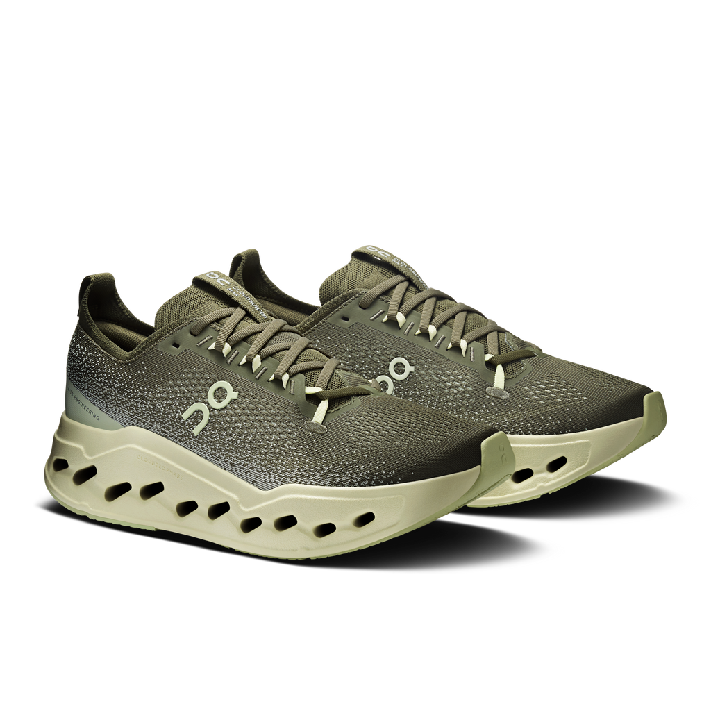 Men's On running shoes, olive sneakers with lace-up front and light seedling Cloud sole pods