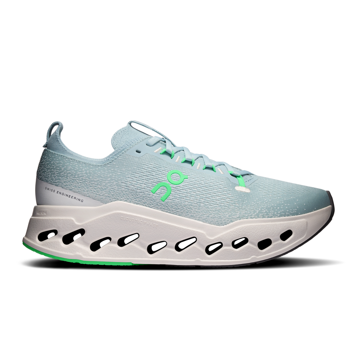 Men's running shoes with light blue upper, green laces, white CloudTec sole