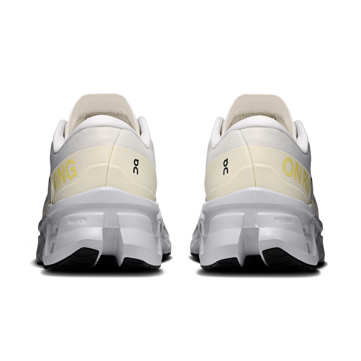 On running shoes back view, light beige heel with On logo and cushioned pod outsole