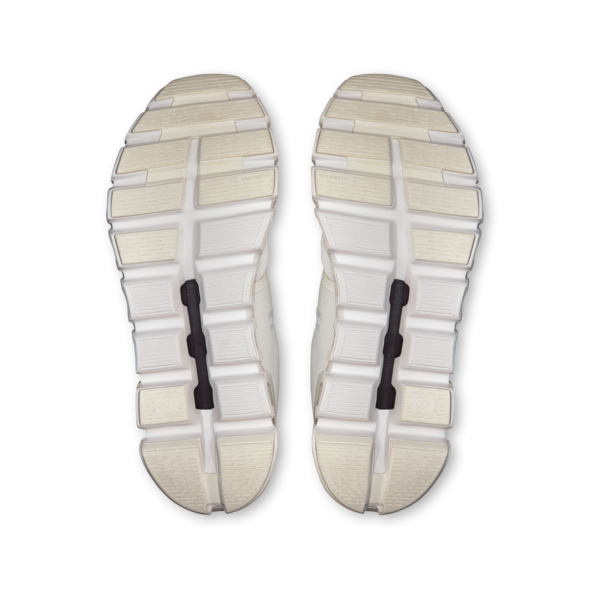 Pair of white shoe outsoles with CloudTec tread pods