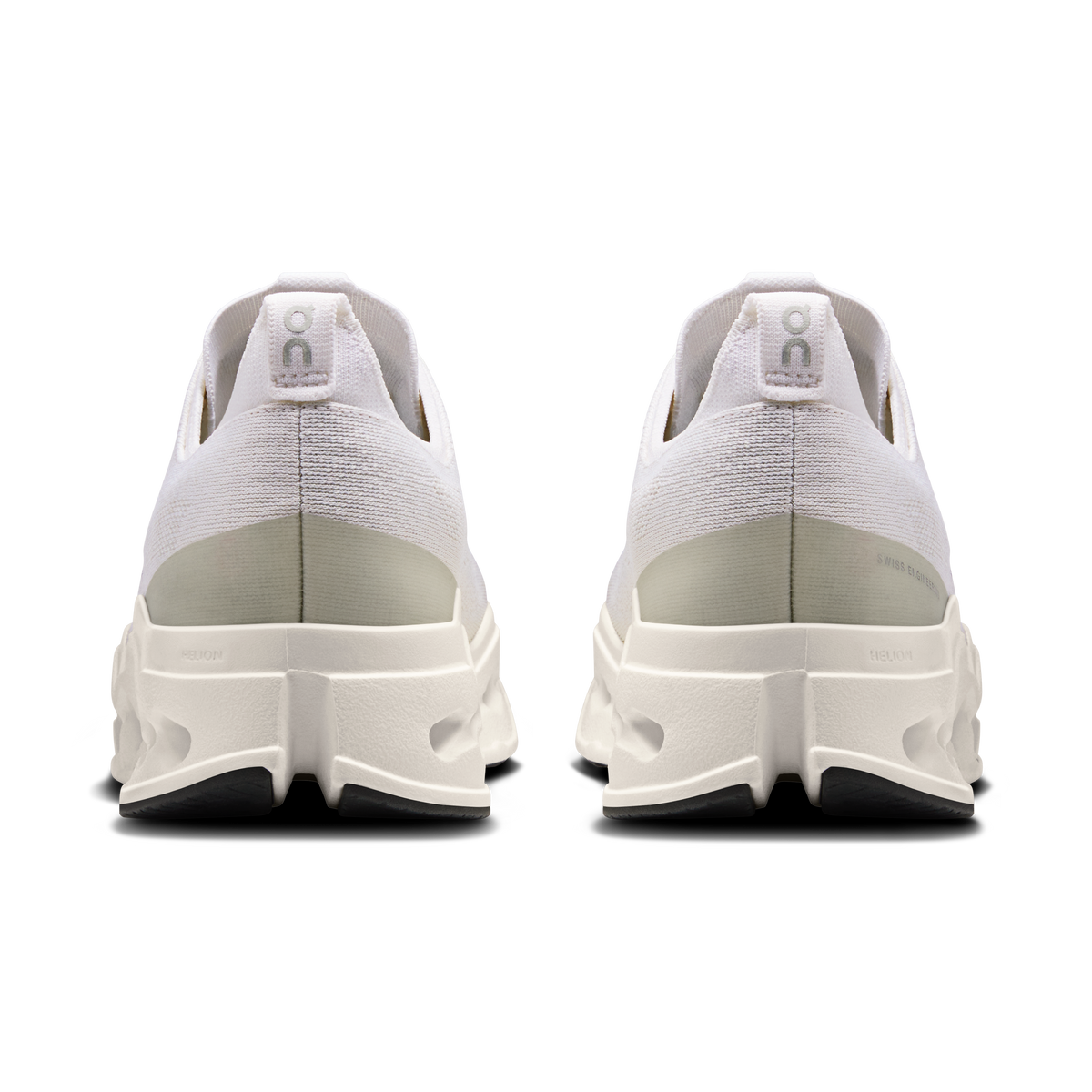 Men's On Cloudsurfer Max white shoes, rear view with padded collar and sculpted heel