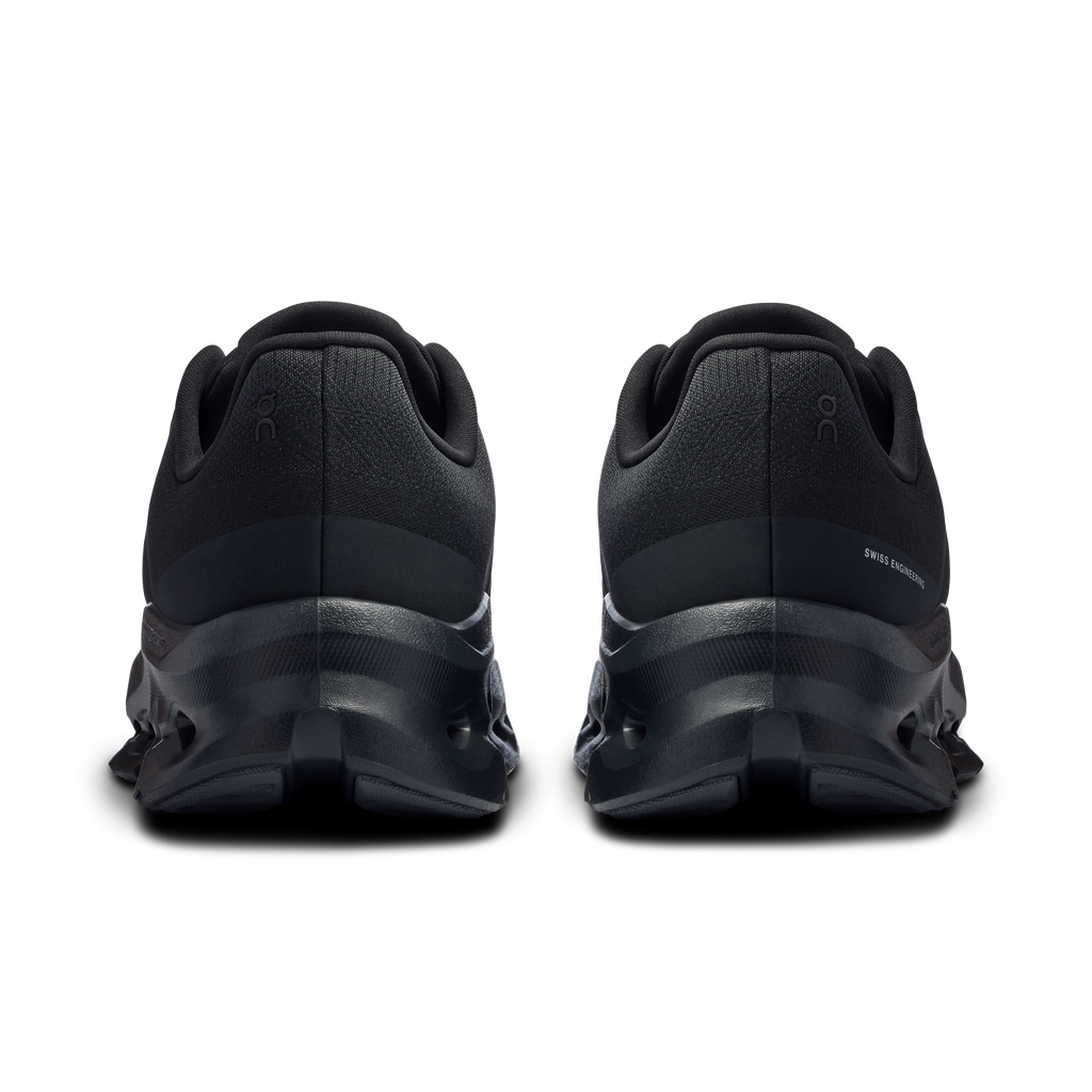 On Cloudtilt men's running shoes heel view in dark black with cushioned support
