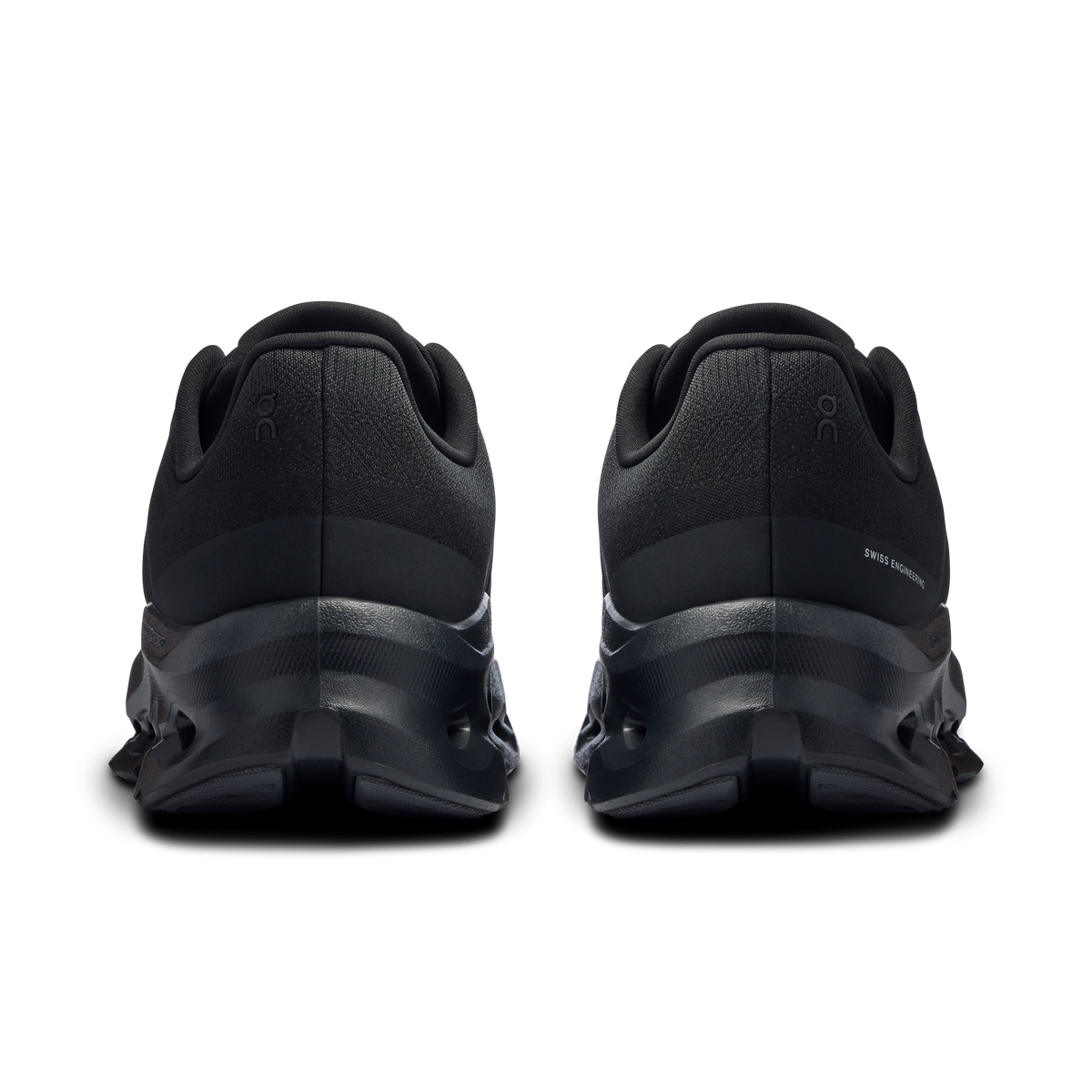 On Cloudtilt men's running shoes heel view in dark black with cushioned support