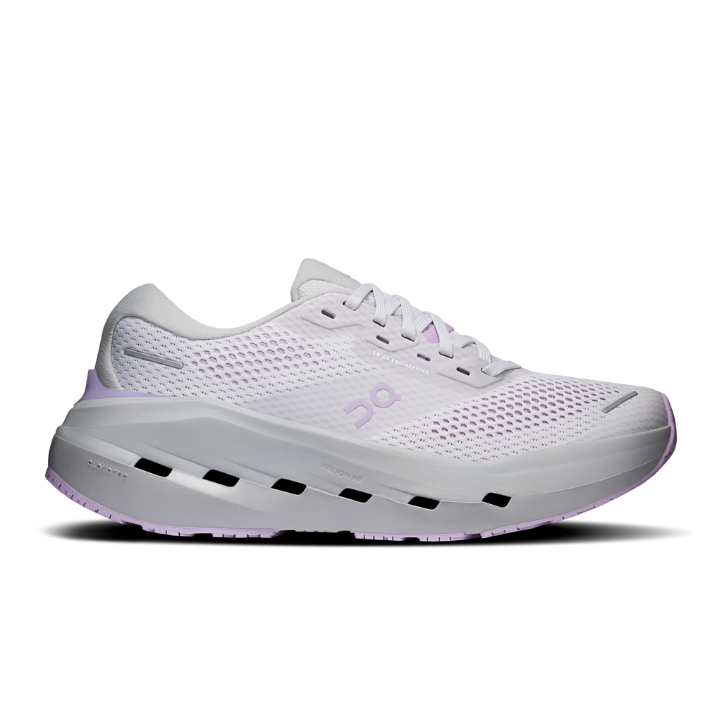 On Cloudrunner 3 Max running shoes, white mesh with purple accents and black outsole slots