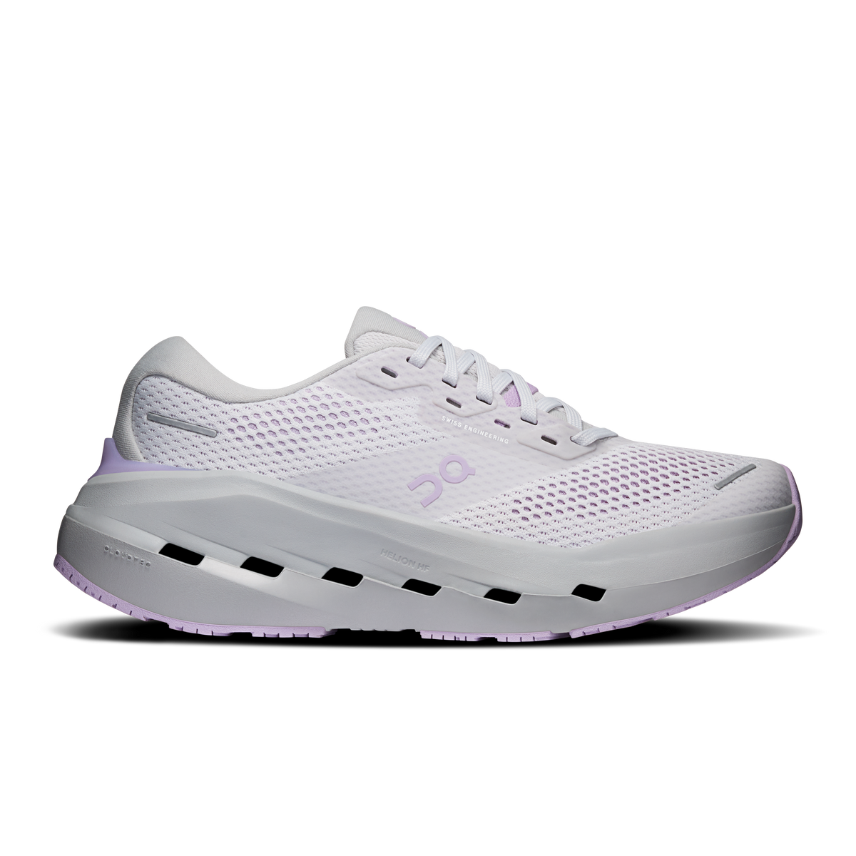 On Cloudrunner 3 Max running shoes, white mesh with purple accents and black outsole slots