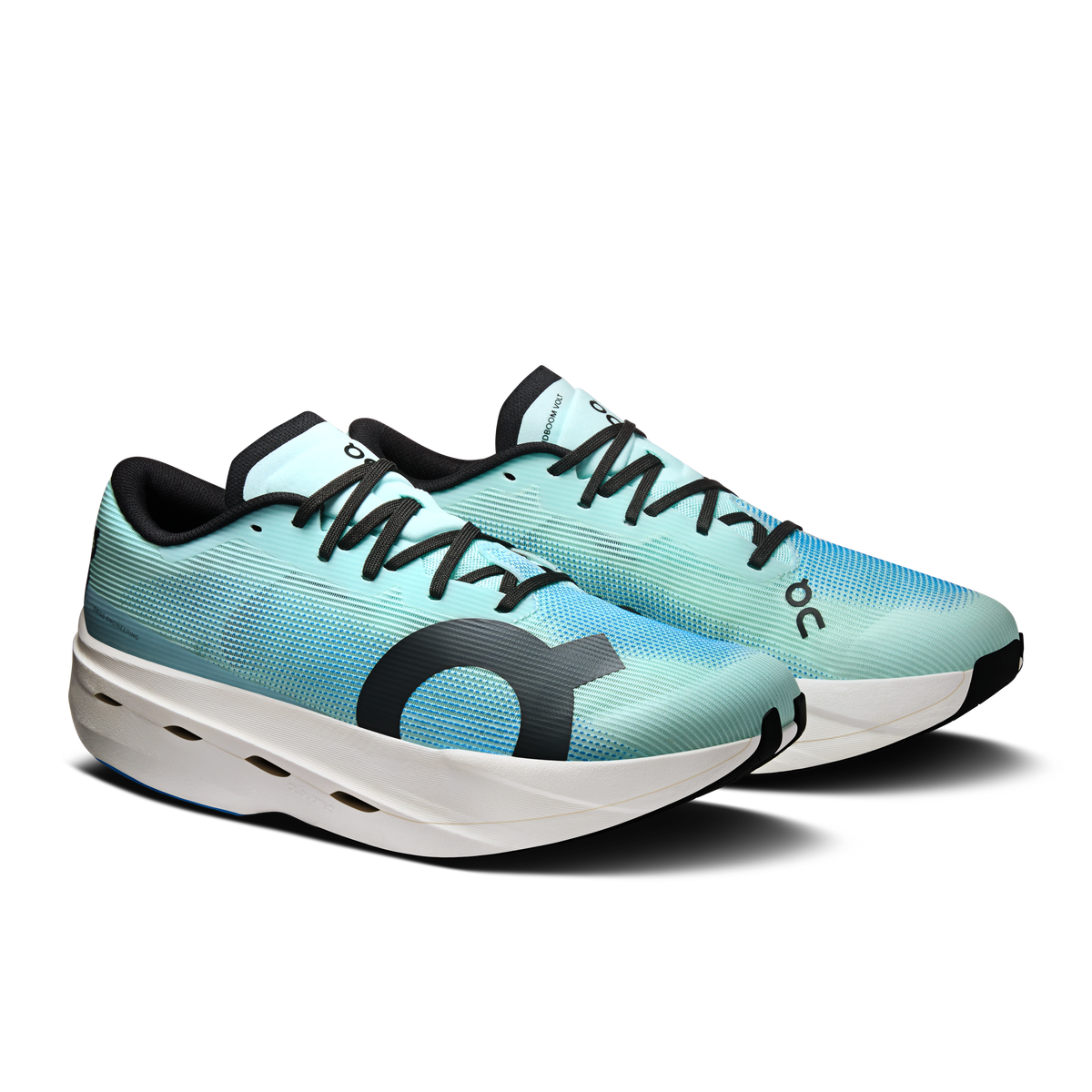 Men's On Cloudboom Volt shoes, light blue upper with black accents and white midsole