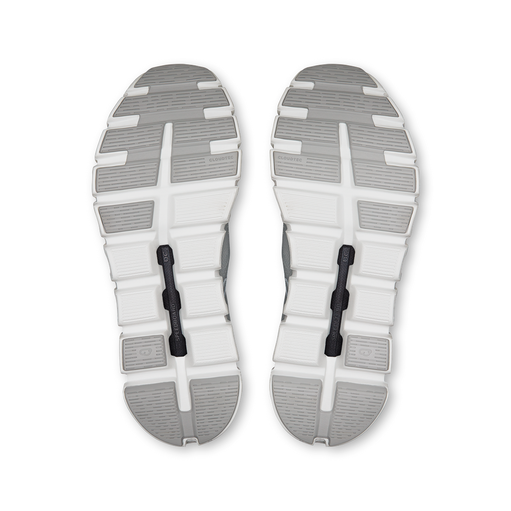 Women's white running shoe outsoles, grippy tread with Cloud-style cushioning pods