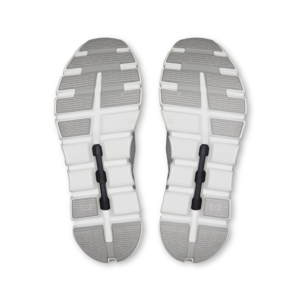 Women's white running shoe outsoles, grippy tread with Cloud-style cushioning pods