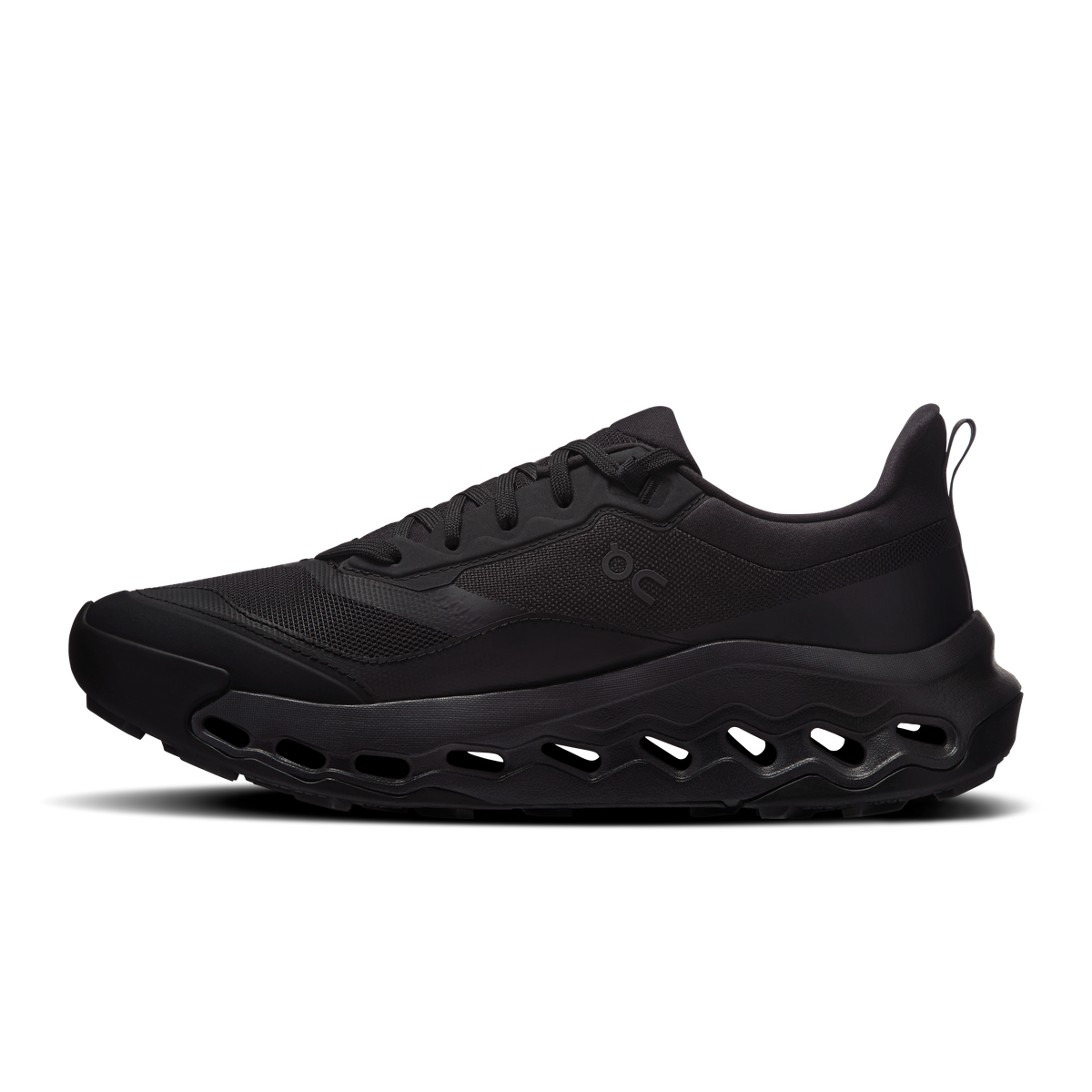 Men's black lace-up athletic shoes with low-profile upper and podded outsole