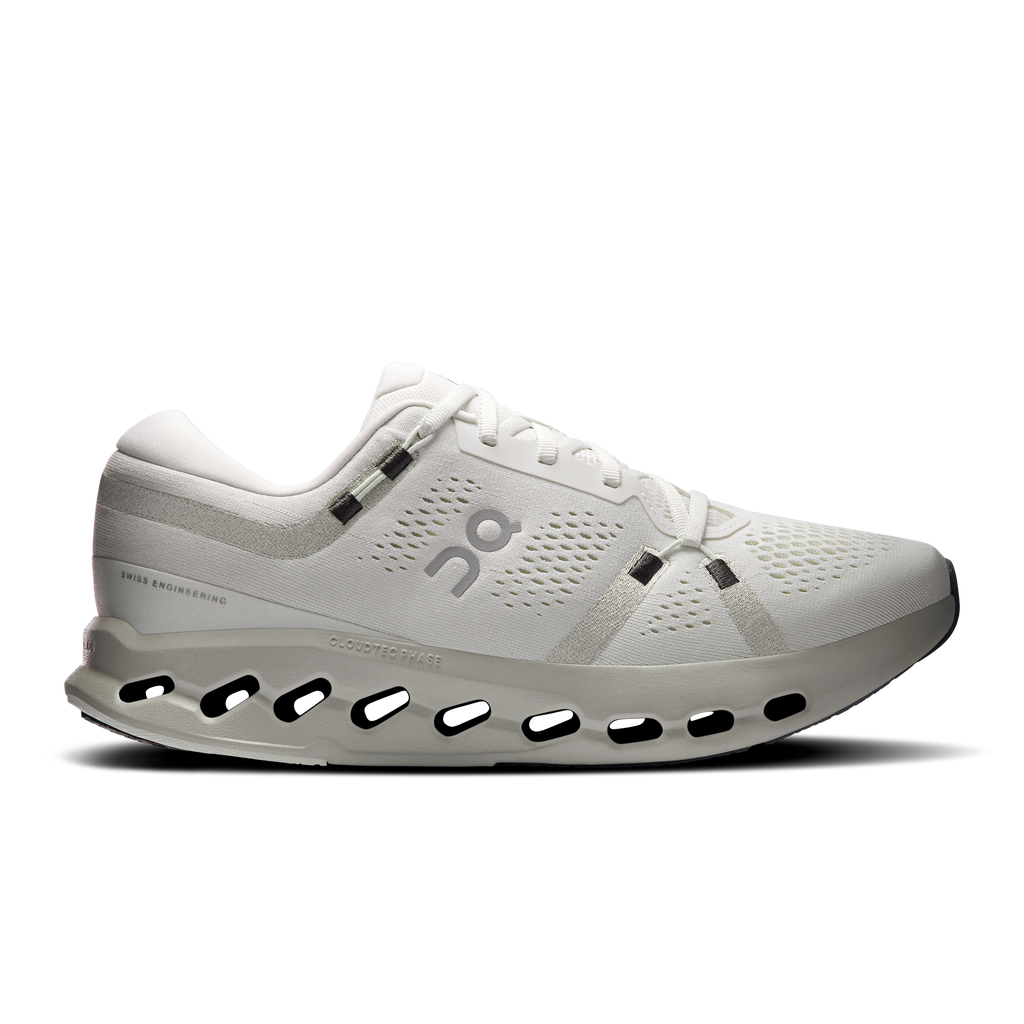 Men's running shoes in light ivory with CloudTec cushioning and gray heel trim
