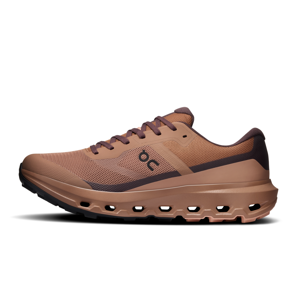 Men's waterproof running shoes side profile, tan mesh with mulberry heel collar