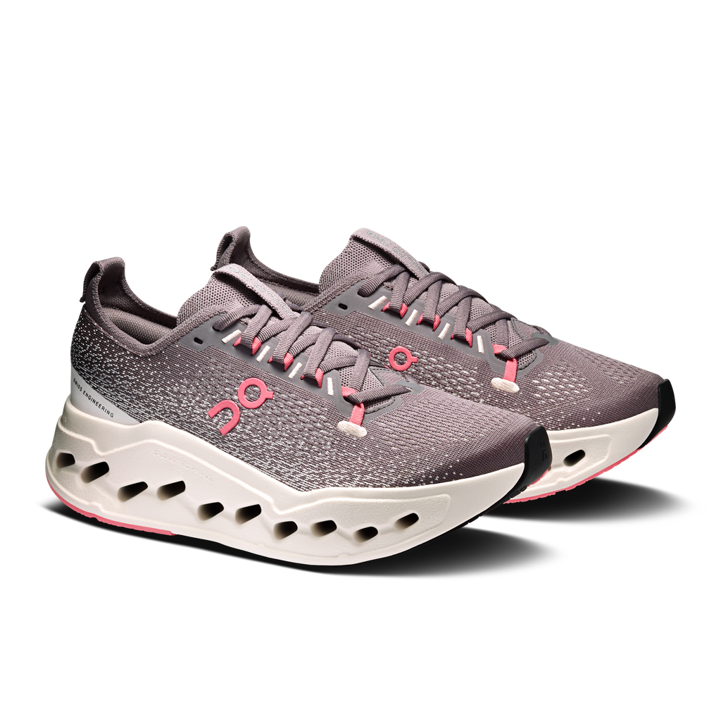 Women's On running shoes, gray speckled upper, pink accent laces, white perforated sole