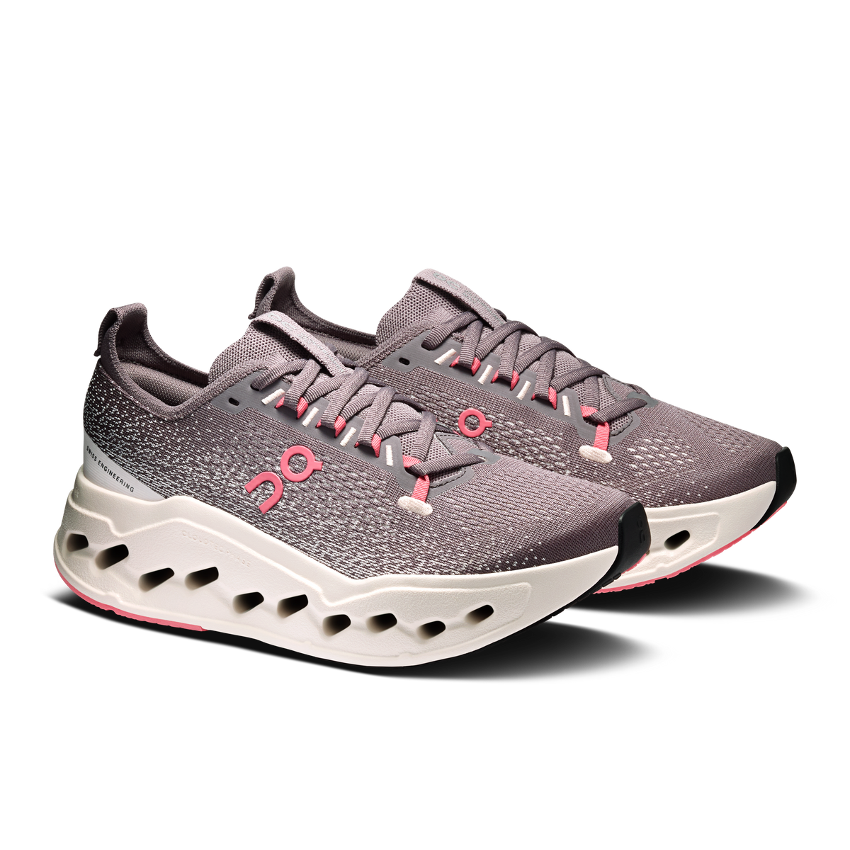 Women's On running shoes, gray speckled upper, pink accent laces, white perforated sole