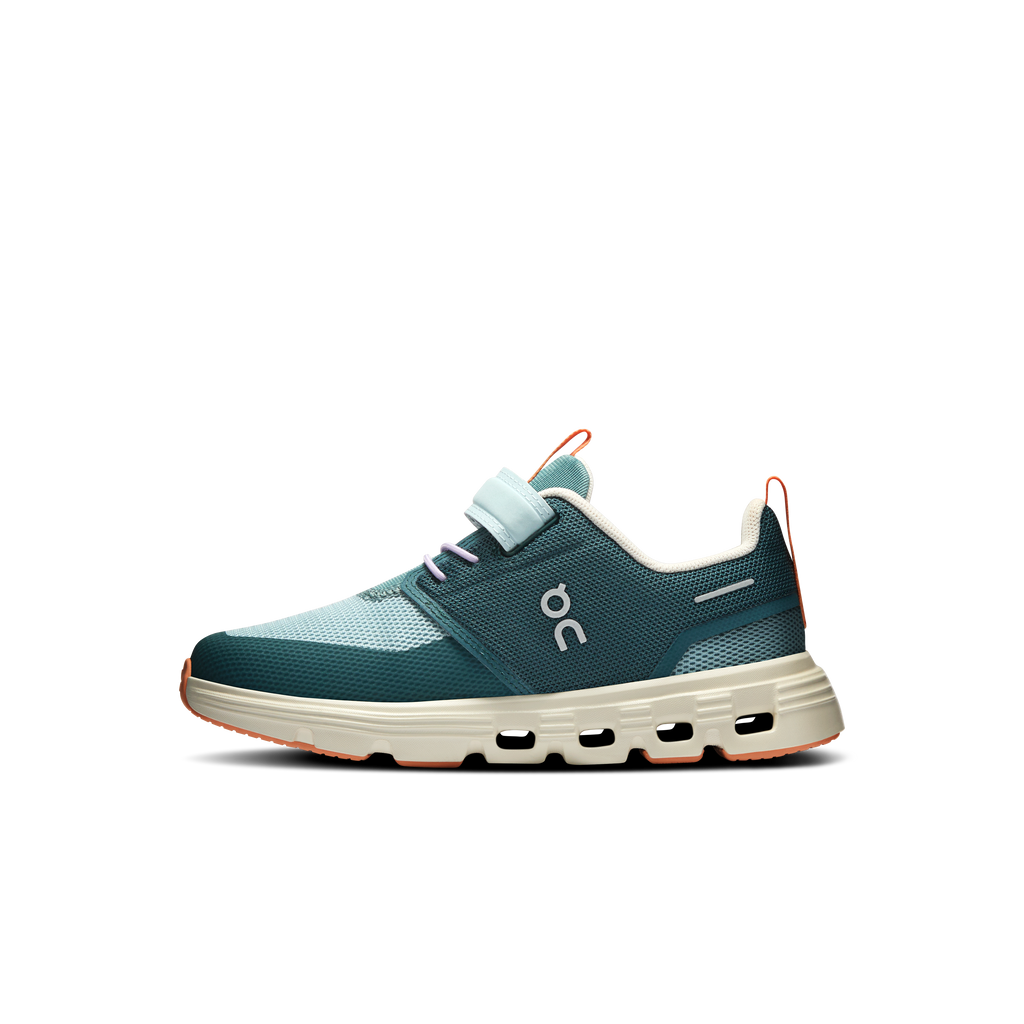 Kids' On Cloud Play 2 shoe, teal upper with velcro strap and chunky white-and-orange sole