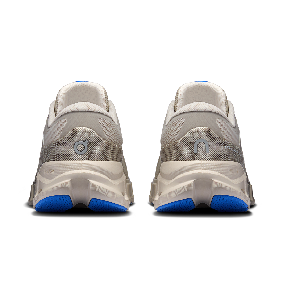 Men's running shoes heel view in light gray with white and blue cushioned sole