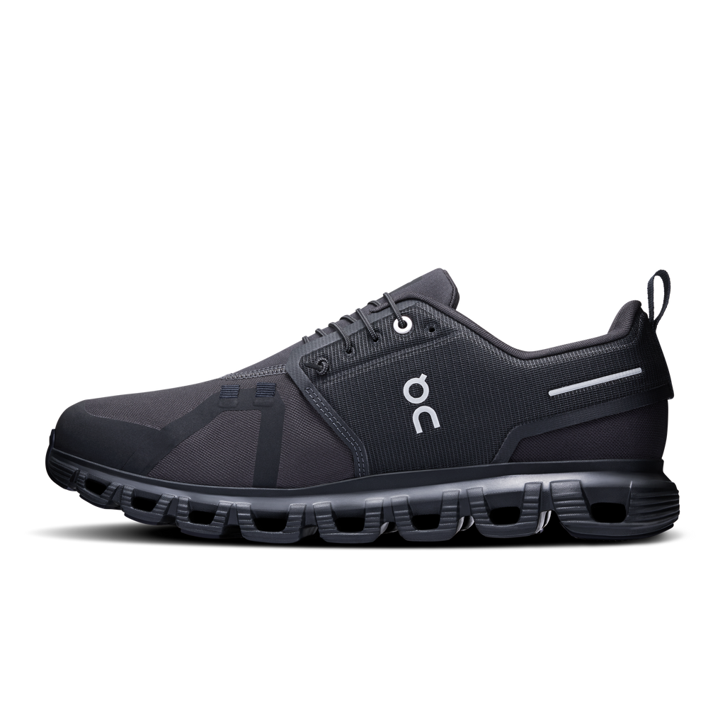 On Running men's waterproof shoes, black laces, padded collar, side profile view