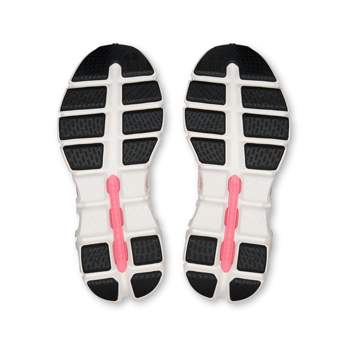 Pair of shoe outsoles with grippy tread and pink center support stripe