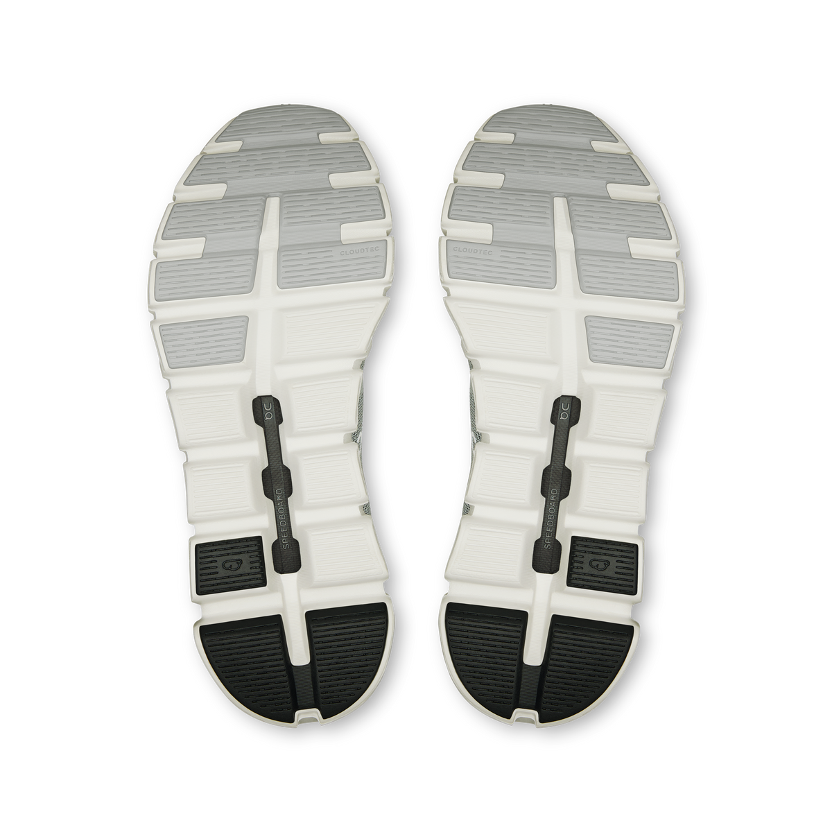 Pair of shoe soles: white tread with black rubber pods and arch grooves