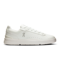 On men's white lace-up sneakers with low-profile sole and cushioned midsole