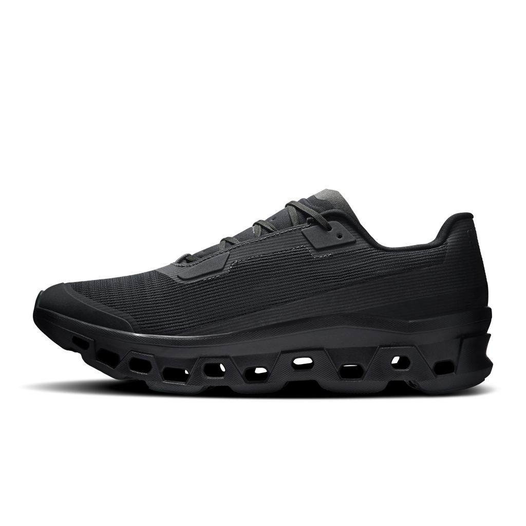 Men's black low-profile running shoes with padded tongue and CloudTec outsole